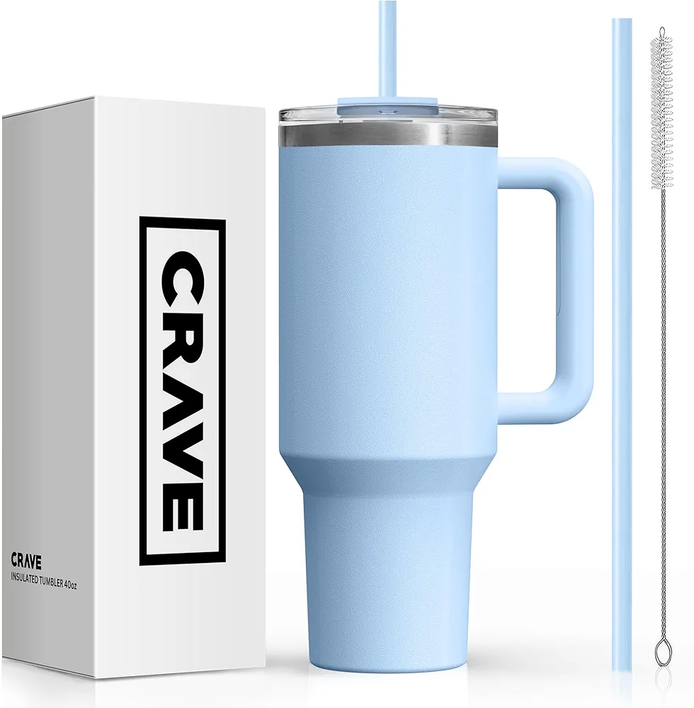 40oz Tumbler with Lid and Straw l Reusable Spill Proof Double Wall Insulated Stainless Steel Water Bottle Travel Mug l Cupholder Friendly Vacuum Sealed Tumbler with Handle (Chambray)