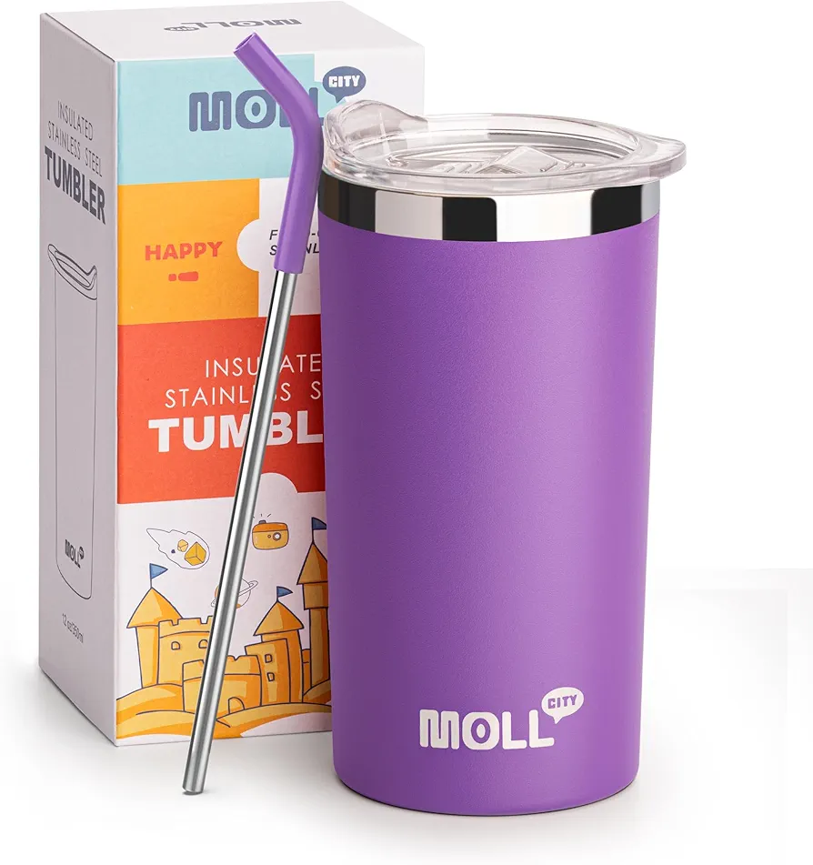 Kids Cup with Leak Proof Lid and -12 oz Stainless Steel Vacuum Insulated Tumbler with Straw-Reusable Metal Drink Water Cup for Girl, BPA Free(Purple)