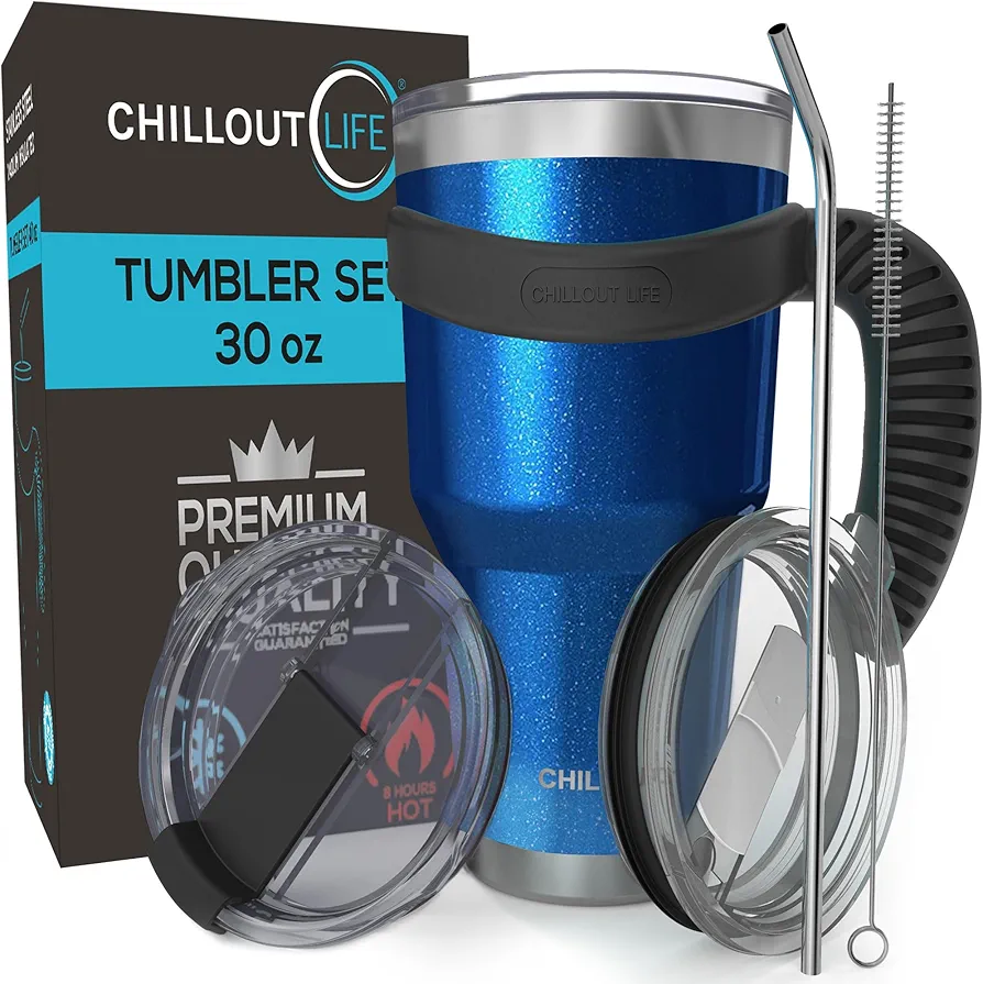 CHILLOUT LIFE Stainless Steel Travel Mug with Handle 30 oz – 6 Piece Set. Tumbler with Handle, Straw, Cleaning Brush & 2 Lids. Double Wall Insulated Large Coffee Mug Bundle (Blue Sparkle)