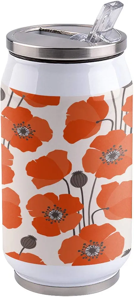 14oz Stainless Steel Tumbler with Lid & Straw-Double Wall Vacuum Insulated Travel Mug,Floral, Red Poppy Flower Water Bottle Coffee Beverage Drinks Cup for Adults Kids