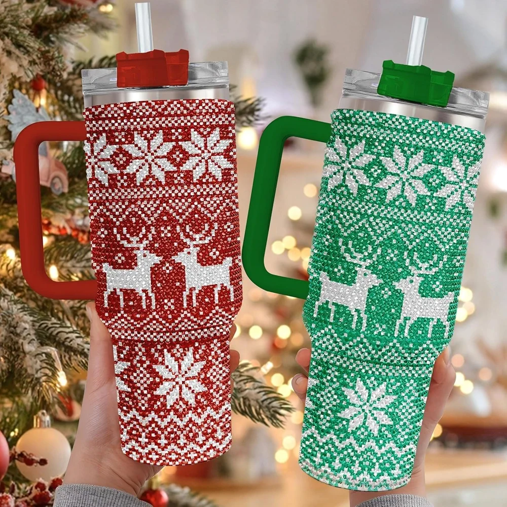 Nordic Reindeer Tumbler, Christmas Rhinestones Tumbler, 40oz Snowflake Insulated Stainless Steel Tumbler, Holiday Gift for Family Friend, Reindeer Christmas Glitter Water Bottle with Lid and Straw