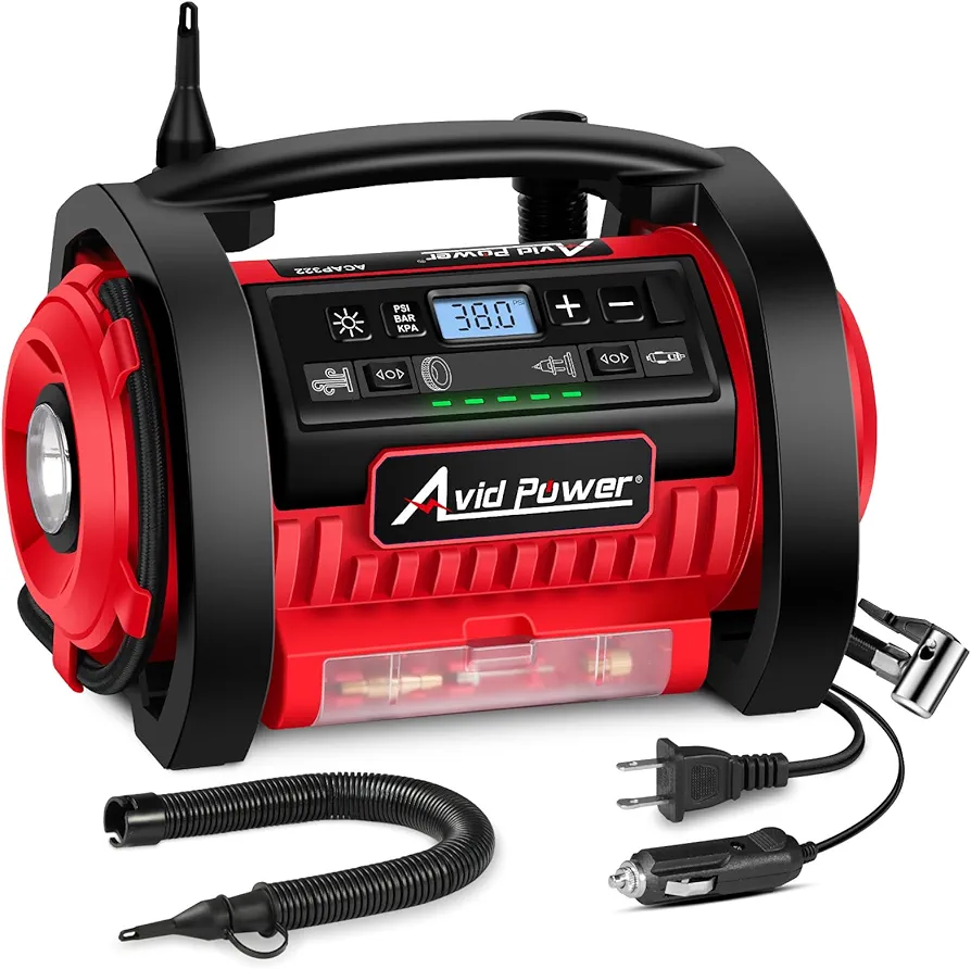 AVID POWER Tire Inflator Portable Air Compressor, 12V DC / 120V AC Car Tire Pump, Air Mattress Pump with Inflation and Deflation Modes, Dual Powerful Motors, Digital Pressure Gauge