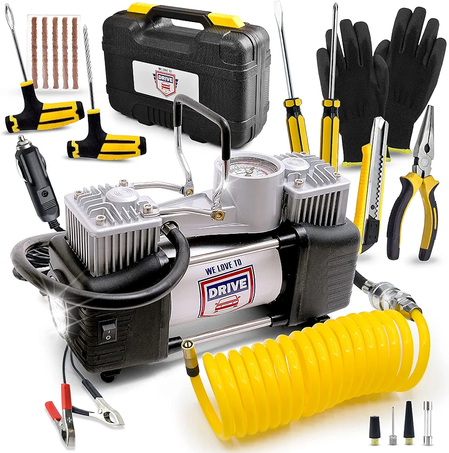 Portable Air Compressor Tire Inflator with Tire Repair Kit - 12V DC Air Pump for Car Tires with 150 PSI Gauge & Car Emergency Kit, Carry Case, Adaptors, Car Plug & Tire Patch Kit by WE LOVE TO DRIVE
