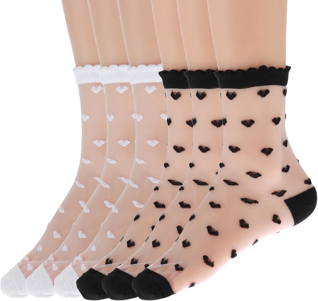 Lusofie 6 Pairs Sheer Socks Transparent See Through Ankle Socks Cute Heart Summeer Thin Mesh Lace Socks for Women Fashion(Black, White)
