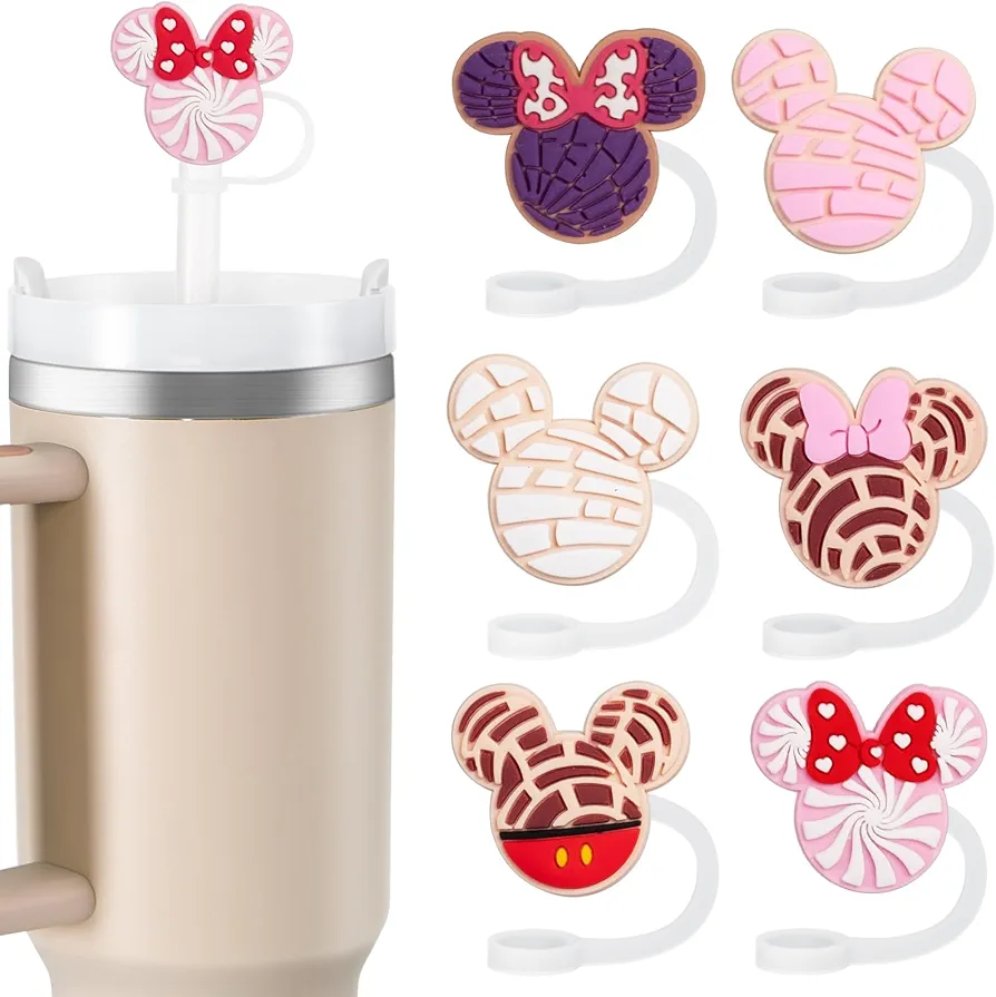 6PCS Straw Covers for Stanley Cup Tumbler 30 oz / 40 oz Leak Proof Straw Toppers 10mm Silicone Cute Straw Stopper Caps for Stanley Cup Accessories-Pink Mice