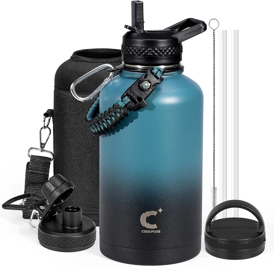 Coolplus Insulated Water Bottle 64 oz, Triple Wall Vacuum Stainless Steel (Cold for 48 Hrs), Leak Proof & BPA-Free, Half Gallon Water Flask Jug with Paracord Handle & 3 Lids, Blue Black