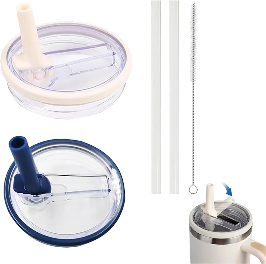 2 Pack 40 oz Tumbler Flip Straw Lid Replacement – Spill Proof & Splash Resistant Cover for Stanley Quencher – Reusable Accessories for Stanley 40 oz Cup (White and Dark Blue Set)