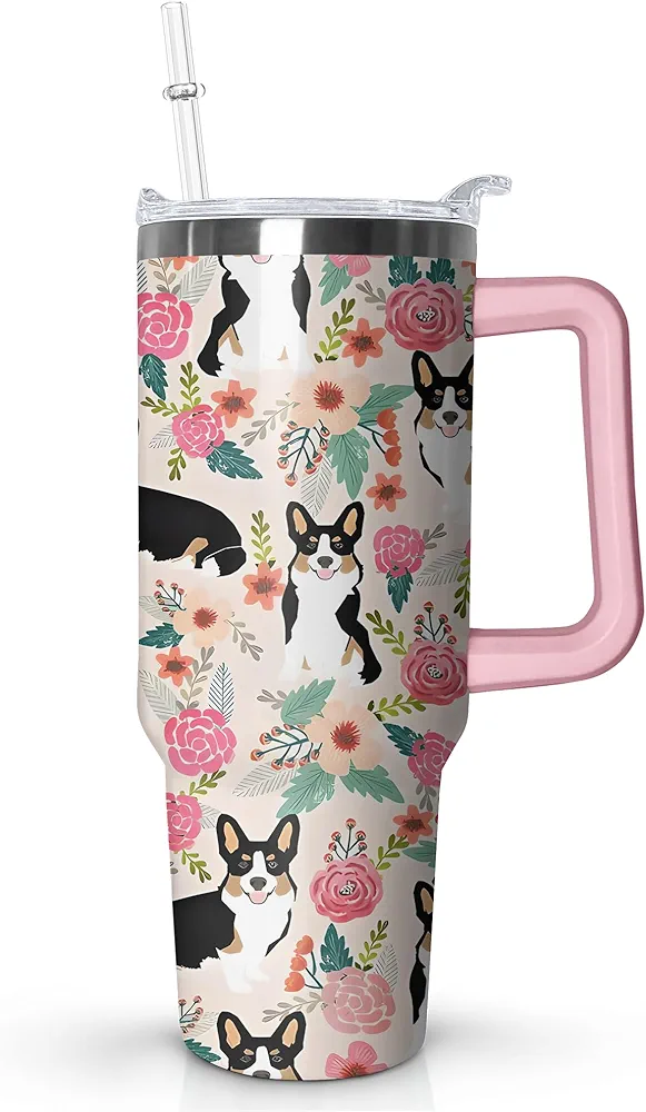 40 oz Cute Corgi Tumbler with Handle and Straw, Stainless Steel Insulated Cup with Lid and Straw, Travel Mug Water Bottle, Gifts for Women