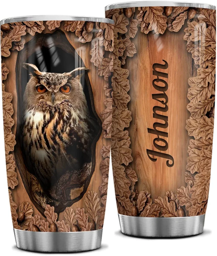 Wassmin Owl Tumbler Personalized Owls Tumblers Custom Name Wood Drawing Style Cups Gifts Stainless Steel Insulated 20oz 30oz Cup Gift Travel Coffee Mug For Women Men Boys Girls Animal Lovers