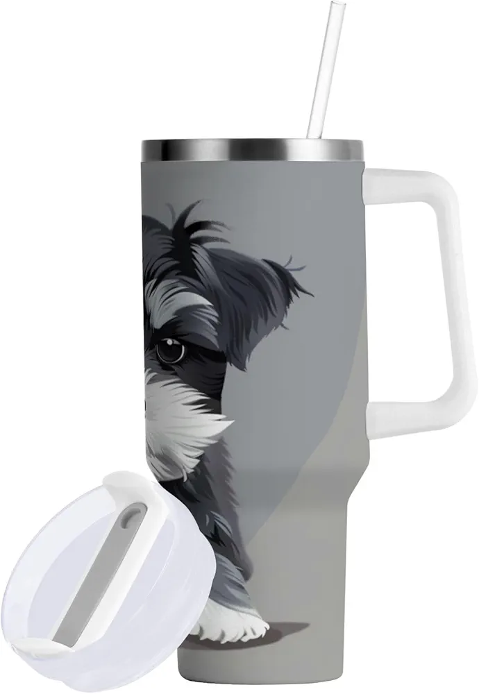 Grey Schnauzer Dog Insulated Tumblers Reusable Stainless Steel Tumbler 30 oz Cup Coffee Travel Mug Water Bottle with Handle & Flip Straw for Home Office Car
