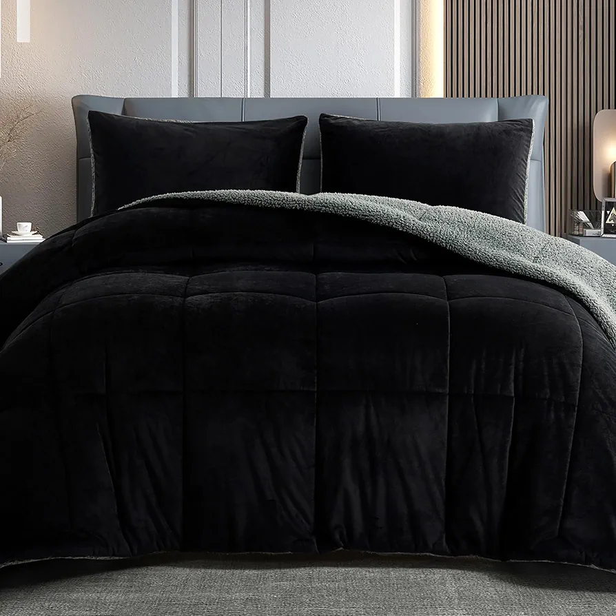 BEDHOURS King Size Comforter Set Micromink Sherpa Comforter 3 Piece Ultra Soft Plush Down Alternative Bedding Set Reversible Comforter + 2 Pillowcases Winter Warm (Black King)