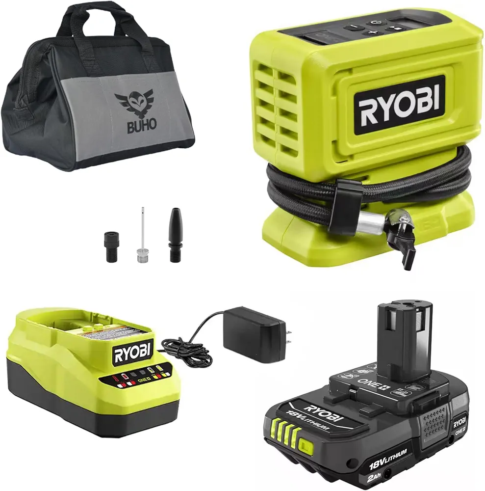 Buho Cordless Inflator Accessory Bundle - Ryobi 18 Volt High Pressure Inflator, 2.0 Ah Battery, 18V Charger Tool Bag for Tires and Inflatables