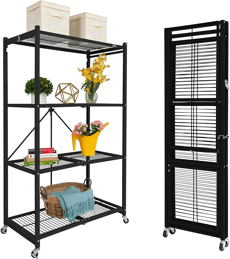 Origami 4 Tier Foldable Heavy Duty Metal Garage Storage Shelf Rack with Wheels and Powder Coated Steel for Organization in Home and Office, Black