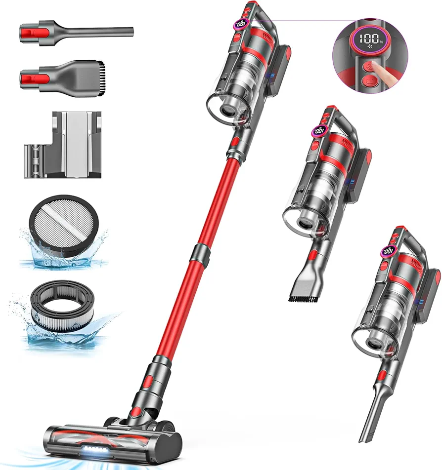 Cordless Vacuum Cleaner, 550W 45Kpa Vacuum Cleaners for Home, Cordless Stick Vacuum with LED Screen, Max 55 Mins Runtime, Anti-Tangle Lightweight Vacuum Cleaner for Hard Floors, Pet Hair