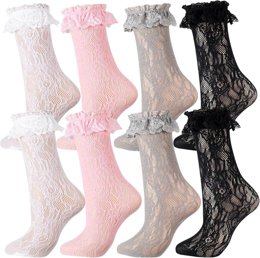 Geyoga 4 Pairs Lace Ruffle Frilly Ankle Socks Women Lace Socks Cute Dress Socks for Women Ladies Princess Accessories(Black, White, Pink, Gray,Elegant)
