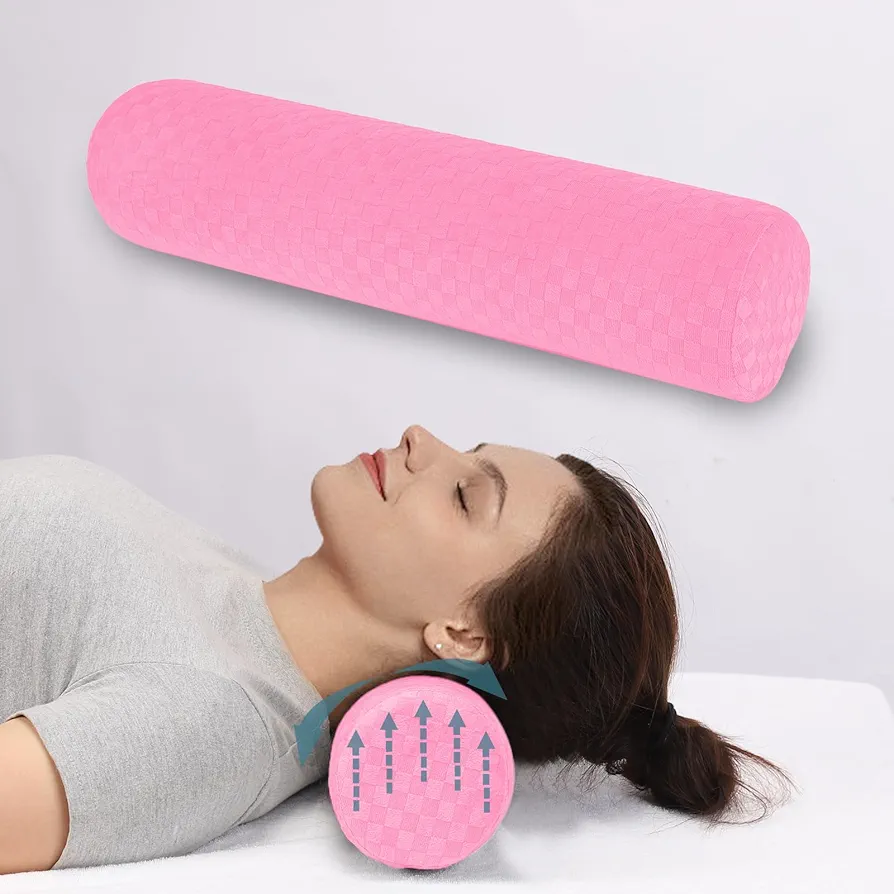 Cervical Neck Roll Foam Pillow, Round Neck Support Pillow for Neck Pain Relief Sleeping, Bolster Pillow for Bed, Ergonomic Pillow for Head, Neck, Back, Legs, and Yoga (Pink)