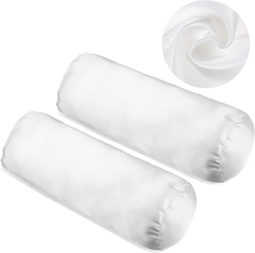 Tatuo 2 Pieces White Cervical Round Pillow Cover Neck Roll Pillow Cover for Neck Roll Pillow Cervical Neck Roll Memory Pillow Cylinder Round Cushion(17 x 4 Inch,Artificial Silk)