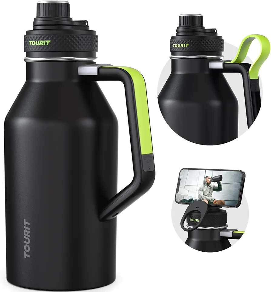 TOURIT 64oz Insulated Water Bottle Stainless Steel, Half Gallon Large Water Jug with 2-in-1 Handle, Double Wall Vacuum Metal Keep Cold & Hot, Wide Mouth Sport Water Flask For Gym, Travel, Black