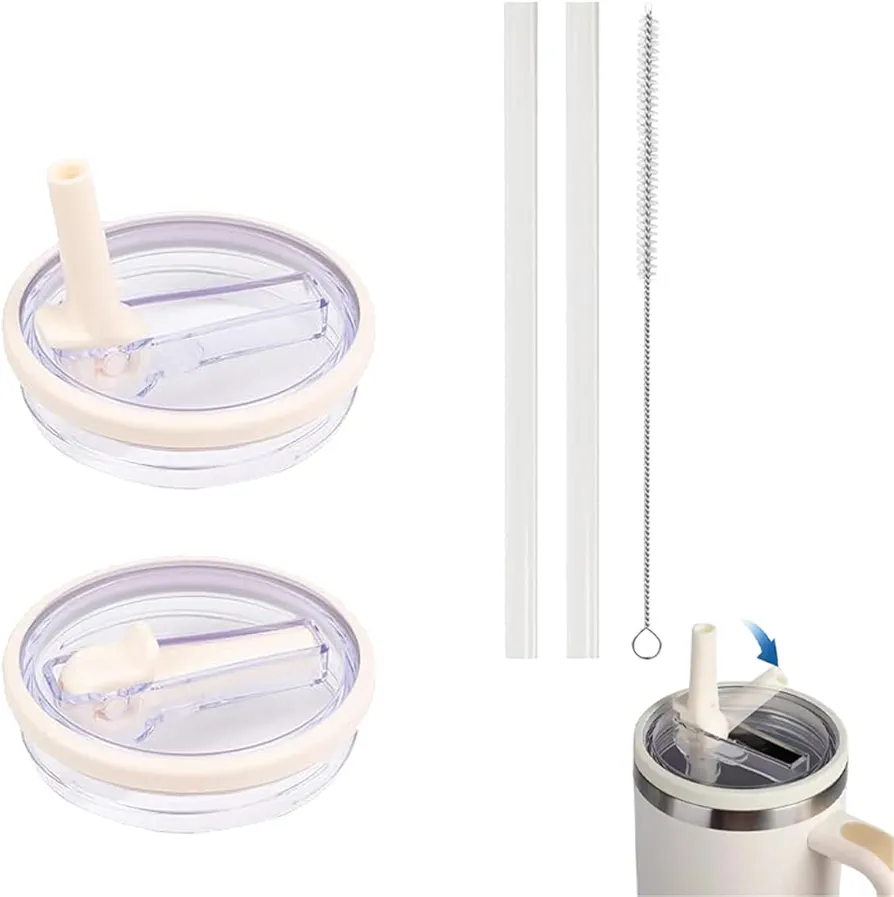 2 Pack 40 oz Tumbler Flip Straw Lid Replacement – Spill Proof & Splash Resistant Cover for Stanley Quencher – Reusable Accessories for Stanley 40 oz Cup (White)