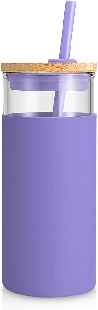Tronco 20oz Glass Tumbler Glass Water Bottle Straw Silicone Protective Sleeve Bamboo Lid - BPA Free- Lilac/1 Pack