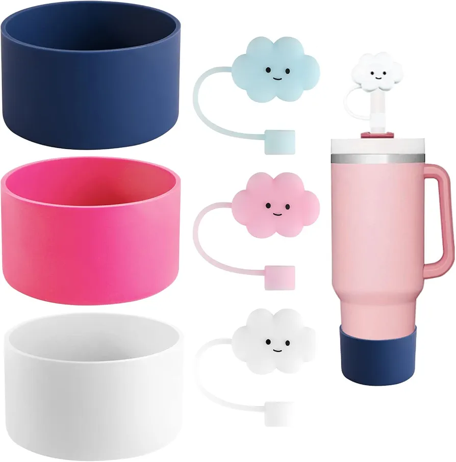 Abnaok 3PCS Silicone Boot for Stanley 40 oz Quencher Adventure Tumbler and IceFlow Flip 30 oz 20 oz, 3PCS Cloud Straw Tip Covers, Dust-Proof Straw Cap Toppers, Reusable Silicone Soft Protector Cover