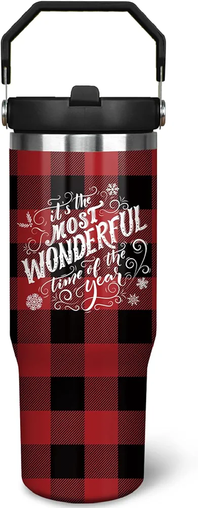 30oz Christmas Tumbler with Handle and Straw, Stainless Steel Vacuum Insulated Flip Straw 30 oz Buffalo Coffee Tumbler, Spill Proof Travel Mug, Merry Christmas Decor Gifts for Women