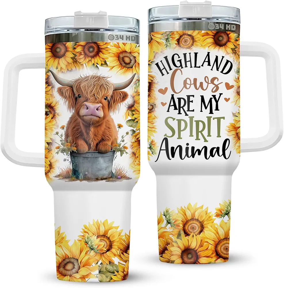 34HD Cow Christmas Gifts, 40 Oz Highland Cow Tumbler with Handle Straw, Funny Cow Cup, Cow Print Coffee Mug, Highland Cow Gifts for Women