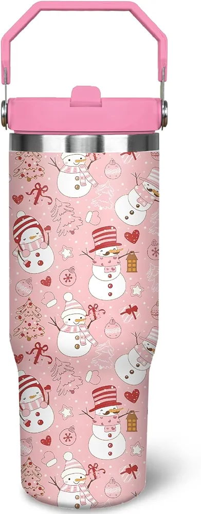 30oz Christmas Tumbler With Handle Lid and Straw, Stainless Steel Pink Xmas Snowman Insulated Coffee Cup, Christmas Gifts for Women/Mom/Daughter/Aunt/Girlfriend