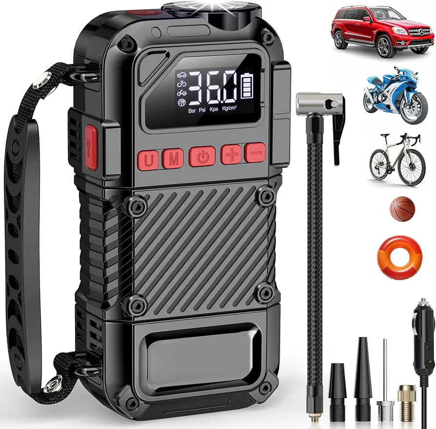 Tire Inflator Portable Air Compressor - 20000mAh Portable Air Pump, 150 PSI Tire Pump with LED Light, LCD Screen, Portable Tire Inflator for Car/Bike/Motorcycle/Ball/Swim Ring, Car Accessories