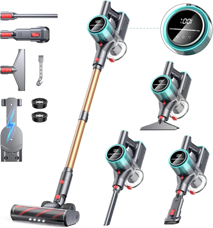 Cordless Vacuum Cleaner, 550W/45Kpa Cordless Stick Vacuum with LED Display, Max 60min Runtime Self-Standing Lightweight Vacuum Cleaner for Home Carpet Pet Hair and Hardfloor