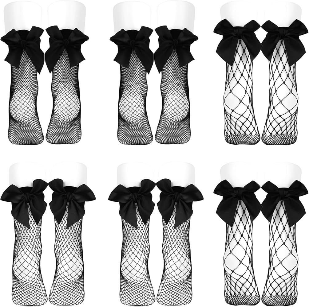KALIONE 6 Pairs Fishnet Socks with Bow, Black Women Fishnet Socks, Socks With Bows for Women, Bow Mesh Net Socks, Elastic Mesh Lace Socks, Fish Net Stocking, Hollow Short Socks for Cosplay