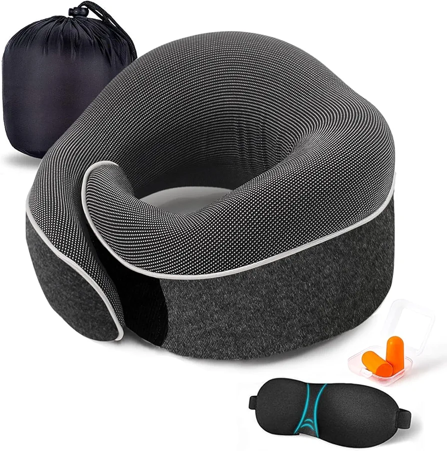 Travel Neck Pillow Chin Support Pillow Adjustable 100% Pure Memory Foam , New Ergonomic Design Soft Best Full Neck Surround Pillow Sleep for Home, Airplanes & Car (Black)