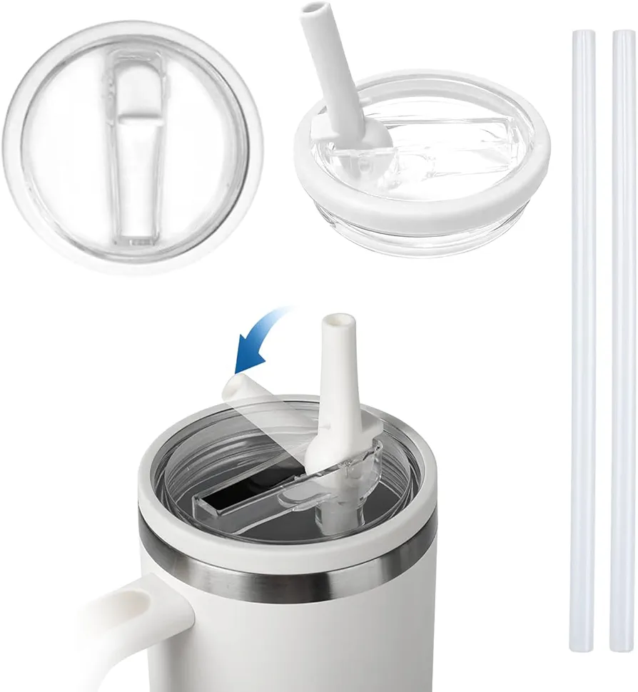 2 Pack 40 oz Tumbler Flip Straw Lid Replacement Compatible with Stanley Quencher 40oz Tumbler Leakproof Cover for Stanley Cup Accessories Spill Proof Splash Resistant (White)