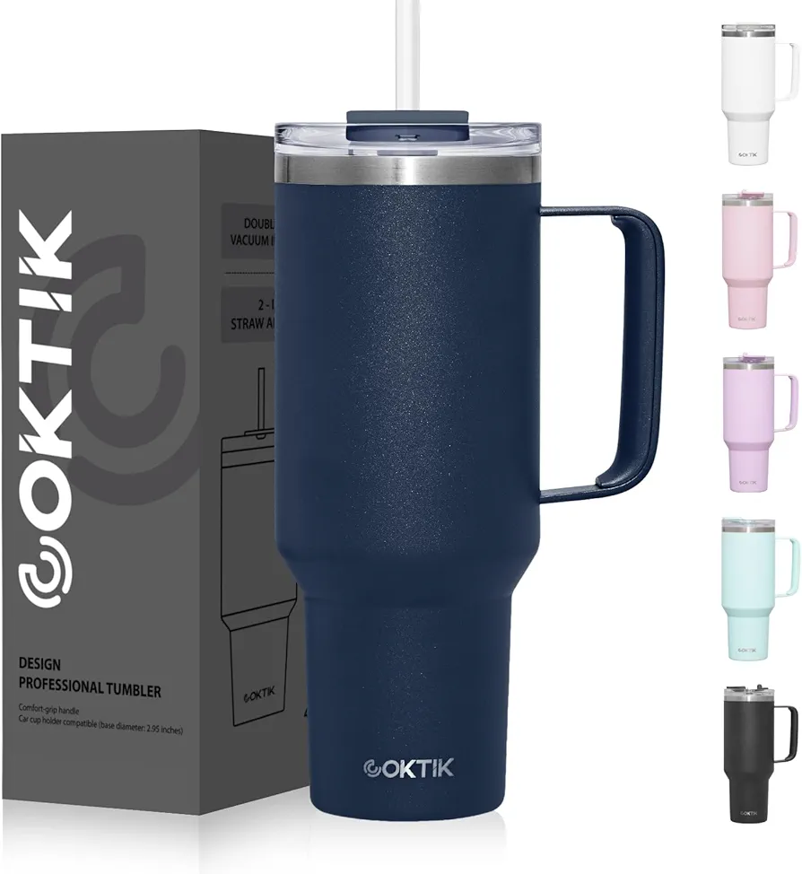 COKTIK 40 oz Tumbler With Handle and Straw Lid, Vacuum Insulated Travel Coffee Mug Stainless Steel Insulated Cup for Beverages, Leak-proof, Cupholder Friendly(Navy)