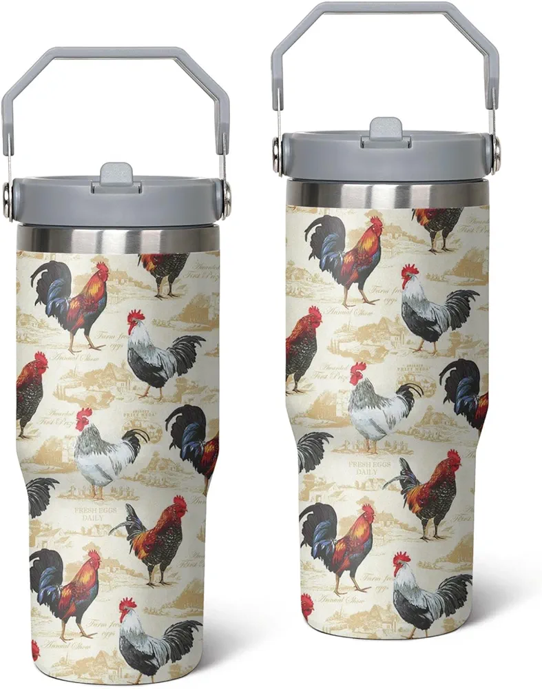 30oz Breeds of Chickens Stainless Steel Flip Straw Tumbler Spill Proof Travel Cup Double Wall Vacuum Insulated Coffee Mug with Top Handle, Grey-2