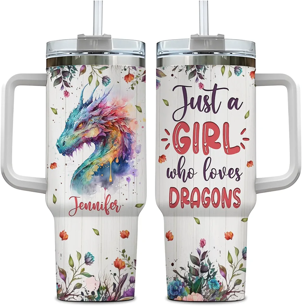 Hyturtle Personalized Gifts For Dragon Lover Tumbler 40oz with Handle and Straw - Stainless Steel Travel Coffee Cup With Lid - Cute Animal Lover Gifts For Women, Girl On Birthday Christmas