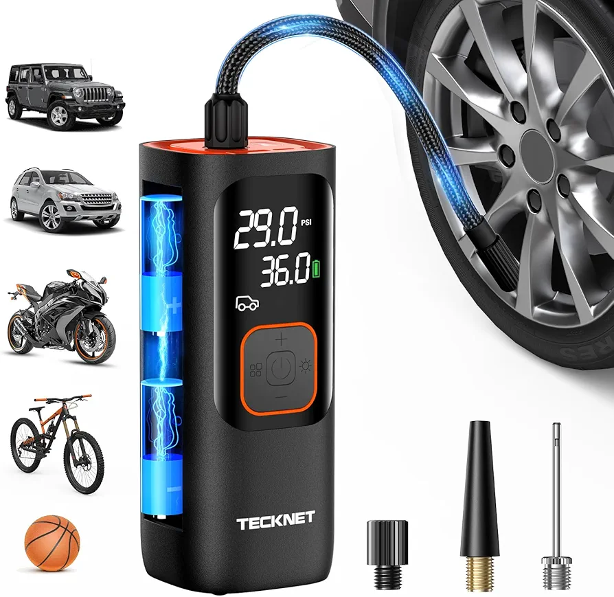 TECKNET Tire Inflator Portable Air Compressor-160PSI & 20000mAh Portable Air Pump, Accurate Pressure LCD Display, 3X Faster Inflation Air Compressor for Car, Bike, Motorcycle, Ball - Black/Orange