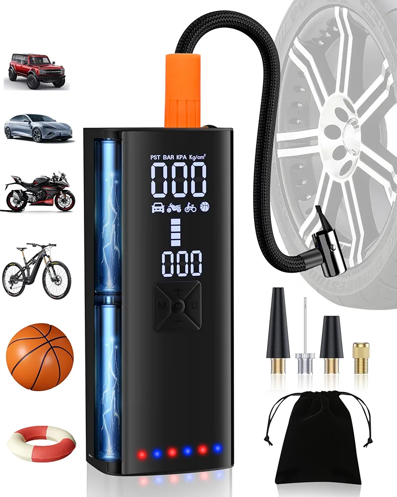 Tire Inflator Portable Air Compressor,4xFaster Inflation,150PSI with Tire Pressure GaugePortable Air Pump,Tire Pump with LED,Electric Air Pump with Tire Gaug for Car,Motorcycle,Bike,Ball