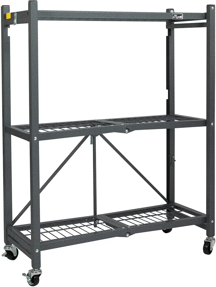 Origami 3 Tier Folding Shelves, Storage Shelving Rack Unit With Wheels, Pewter