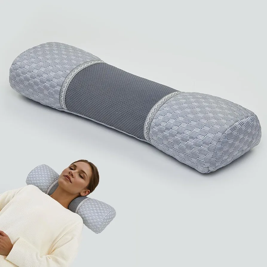 Buckwheat Filling Neck Support Pillows, Buckwheat Hulls Adjustable Roll Pillow, Cervical Bolster Cooling Round Ergonomic Pillows for Lumbar Bed Legs Back Support, Grey 5"x20"