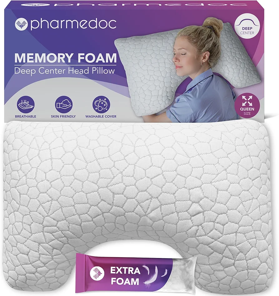 Pharmedoc Adjustable Shredded Memory Foam Curved Pillow - Side Sleeper Pillow - Deep Center - Neck Pillow for Pain Relief - Queen Bed Pillow 1 Pack