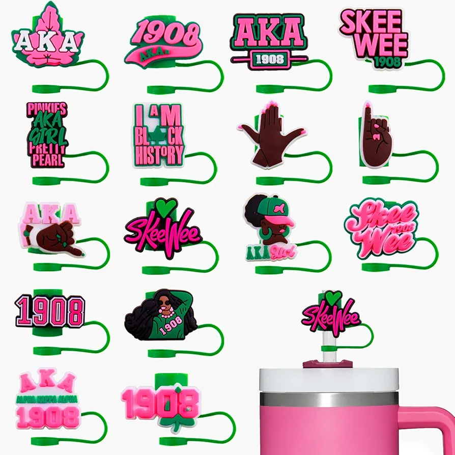 16Pcs Sorority Pink Straw Cover Toppers for Stanley 40oz Tumbler Black Girl Straw Cap Reusable Black History Straw Tips for 0.4inch Straws Stanley Cup Accessories