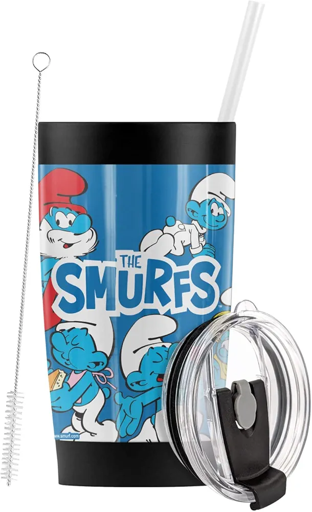 Logovision The Smurfs Smurf Group Collage Stainless Steel Tumbler with Straw and Flip Lid 20 oz Travel Mug/Cup, Vacuum Insulated & Double Wall with Leakproof Dual Lid
