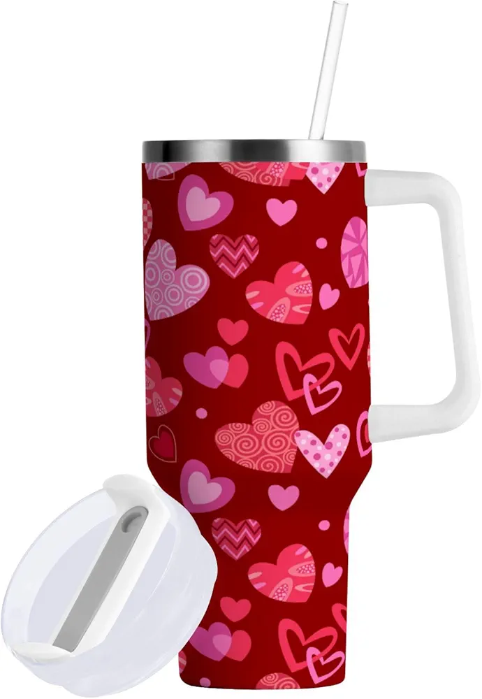 Red Heart Shape Design Insulated Tumblers Valentin's Day Reusable Stainless Steel Tumbler 40 oz Cup Coffee Travel Mug Water Bottle with Handle & Flip Straw for Home Office Car