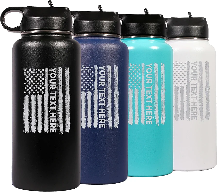 Custom Personalized Your Name or Text American Flag Insulated Stainless Steel Water Bottle with Flip Top Lid & Straw Patriotic Gift 32 oz.