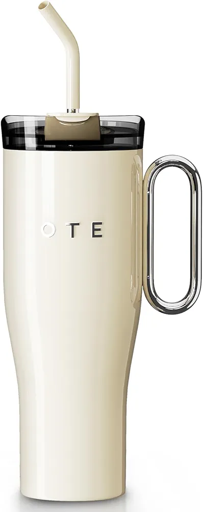 OTE 40 oz Tumbler with Handle and Straw Lid, Reusable Water Bottle, Double Wall Vacuum Stainless Steel Insulated Tumbler for Hot/Cold Beverages(Beige)