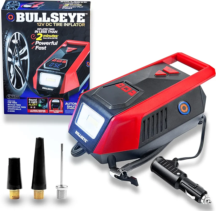 Bullseye 12V DC Tire Inflator - Rapid 2 Minute Inflation, Auto Shut-Off, Max 150 PSI, Easy Cord Storage, Digital Pressure Gauge, LED Display, Accessories, Cigarette Lighter Charger as seen on TV (Red)