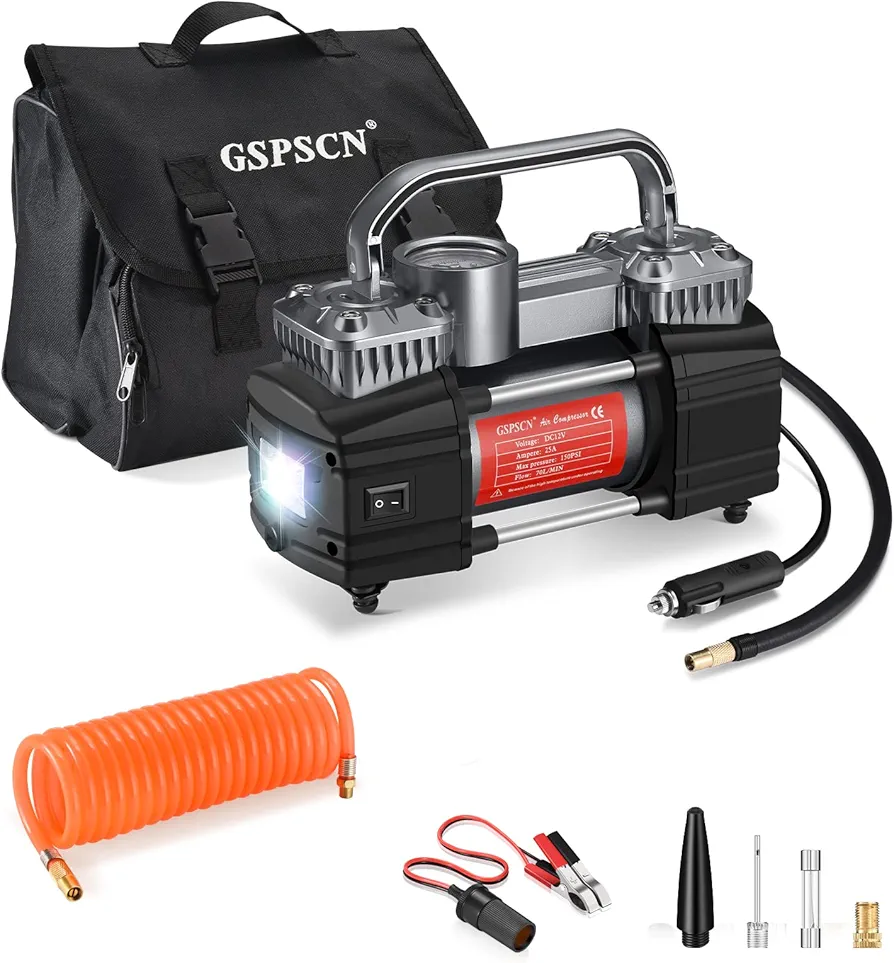 GSPSCN Dual Cylinder DC 12V Air Compressor for Car, Heavy Duty Portable Tire Inflator,Tire Pump 150PSI with LED Light for Auto,Truck,SUV, RV,Balls etc (Titanium)