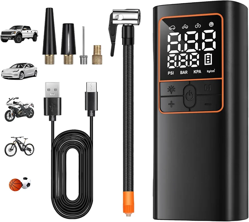 Rechargeable Air Pump for Car Tires - Cordless, Portable Tire Inflator with LED Emergency Lighting, 6000mAh Power Bank, 4 Modes, & 4 Nozzles - Smart Air Pump for Cars, Bikes & Balls