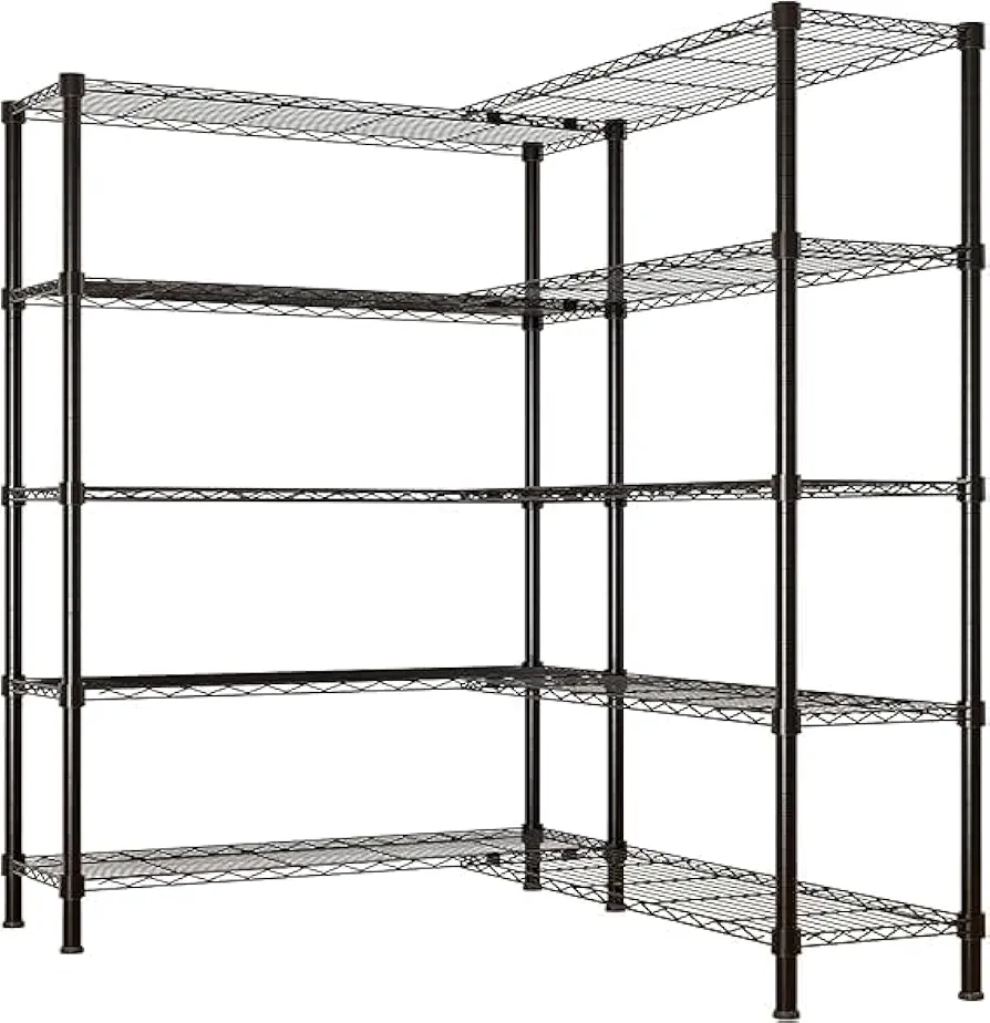 5 Tier Storage Shelves Standing Shelf Units NSF Wire Garage Organizer Heavy Duty Garage Shelving Unit L Shaped Clothes Rack for Corner Laundry Bathroom Kitchen Pantry Closet